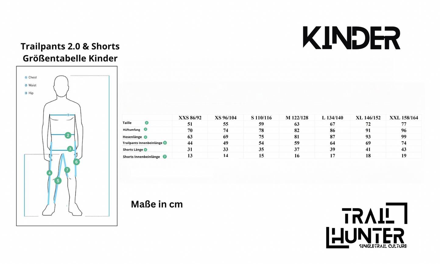 Größentabelle für Trailhunter Kinder MTB-Bekleidung – Übersicht zur Auswahl der passenden Größe für Trailpants und Trailshorts Kids Edition.