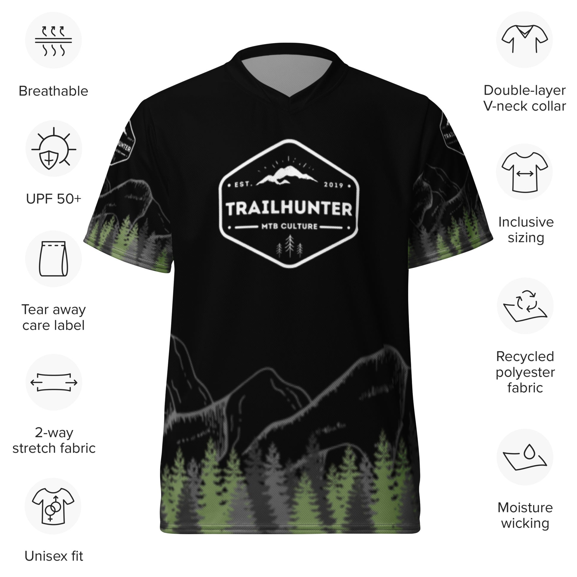 Trailhunter-bikewear-Mtb-trees_n_mountains-recycled-unisex-sports-jersey-white-black-green , kurzarm,kurzarmtrikot, fahrradtrikot ,Westerwald 