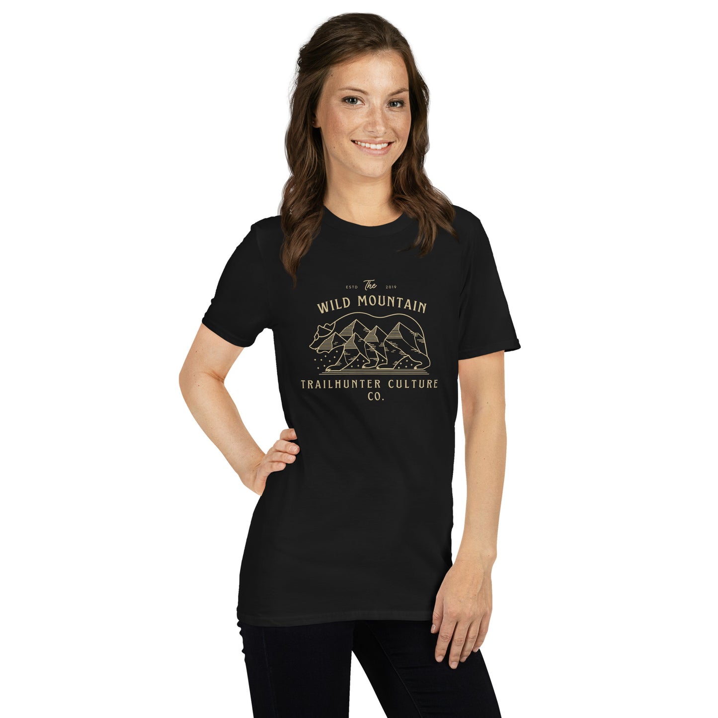 Trailhunter Wild Mountain Damen Organic T-shirt . Schwarz mit beige/Goldenem Bärenlogo
